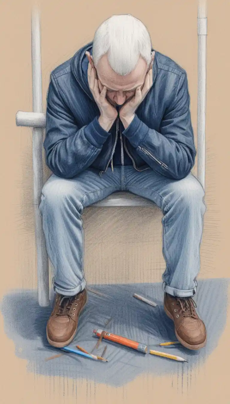 Uomo con il viso tra le mani seduto sulla panchina della metro