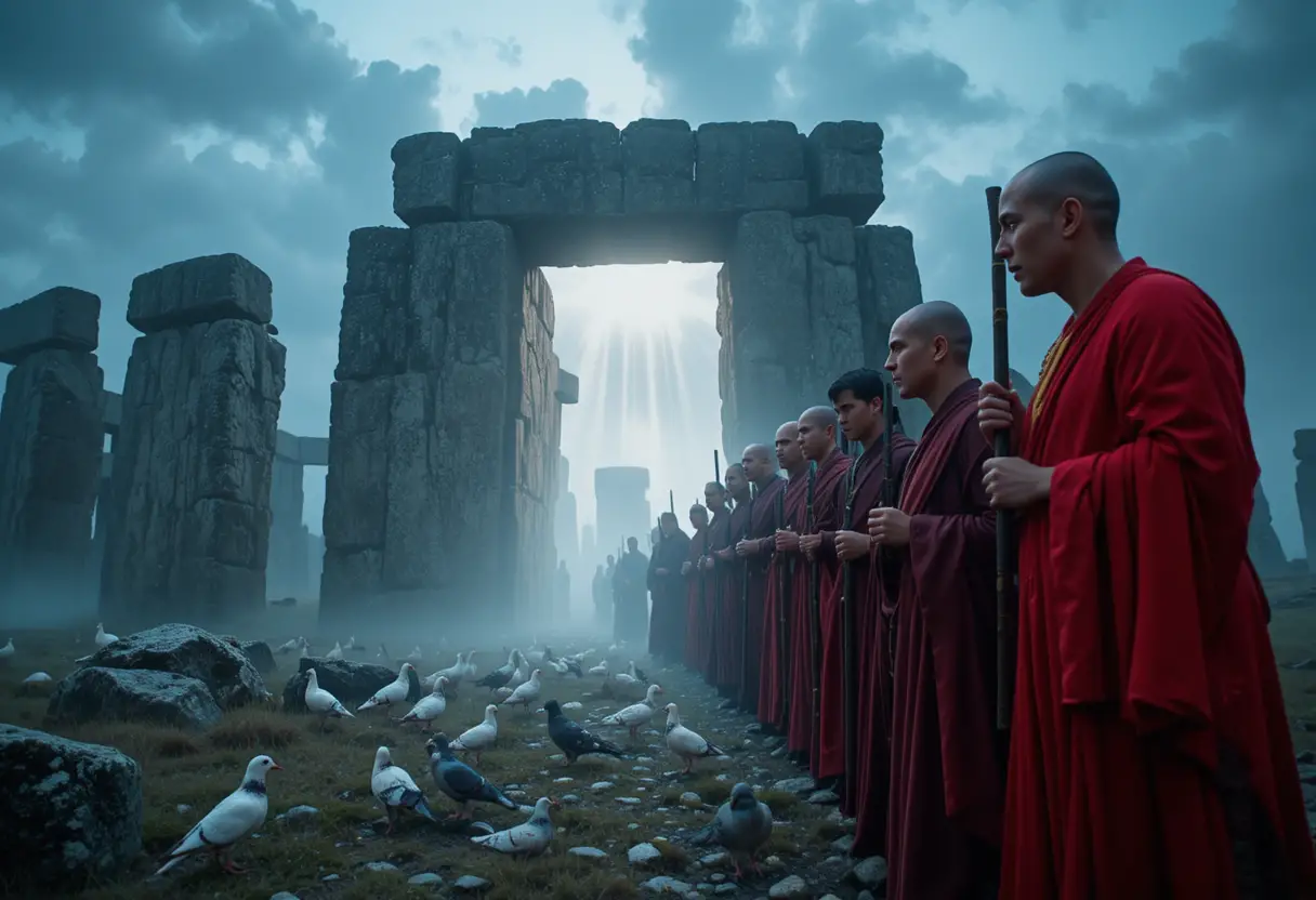 Monjes Reunidos ante Stonehenge dentro de un Radiante Portal de Luz