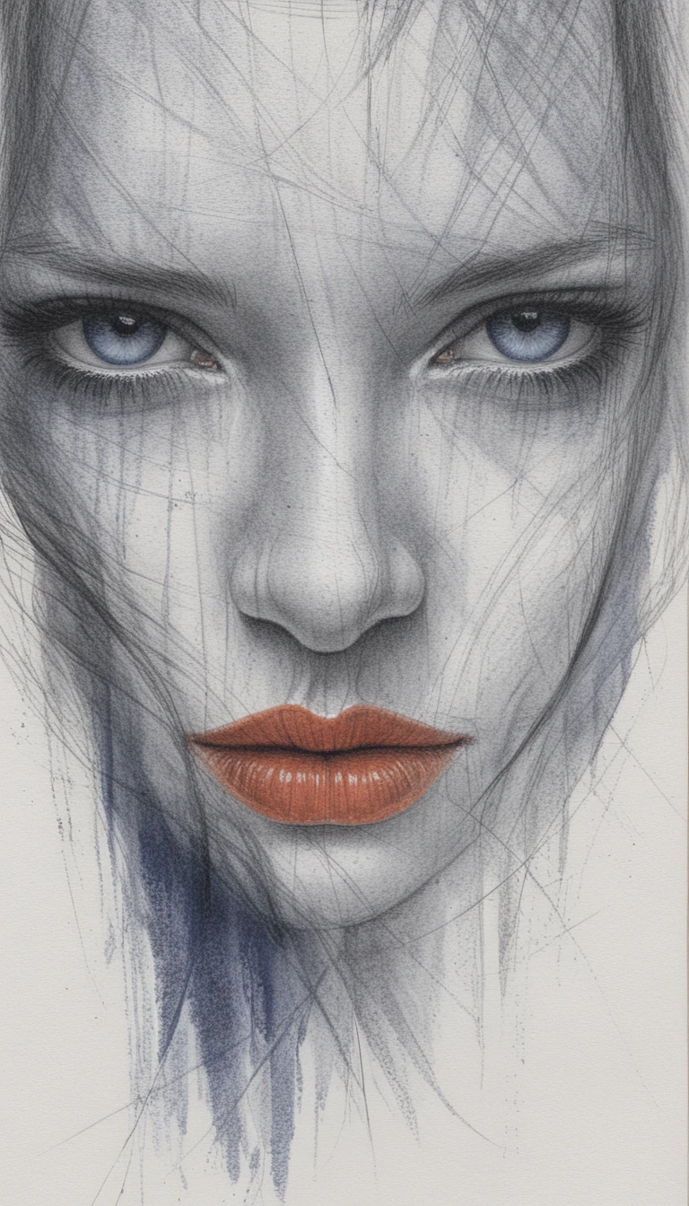 藍眼紅唇女子的鉛筆肖像