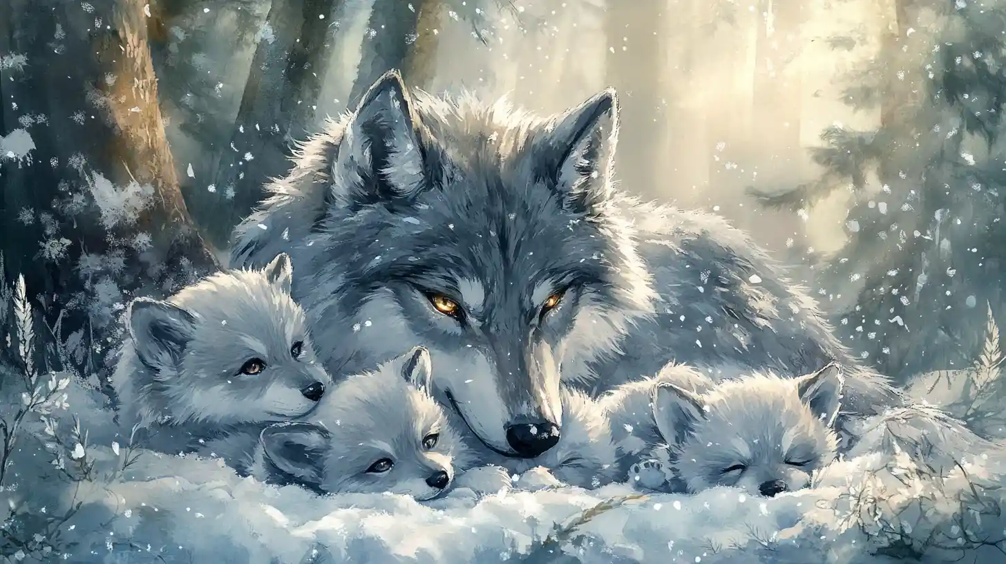 Watercolor wolf family cuddling in a snowy forest clearing