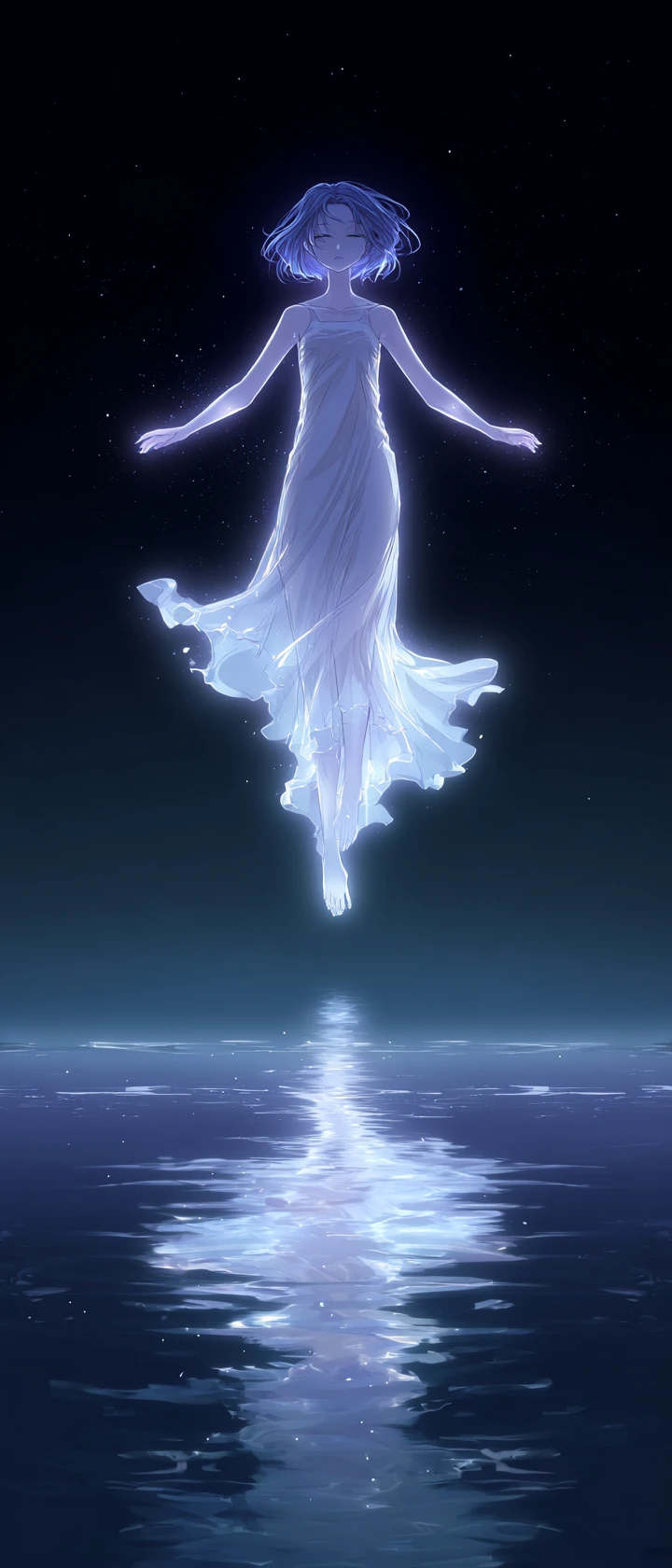 月明かりの湖に浮かぶ幽霊のようなアニメ女性