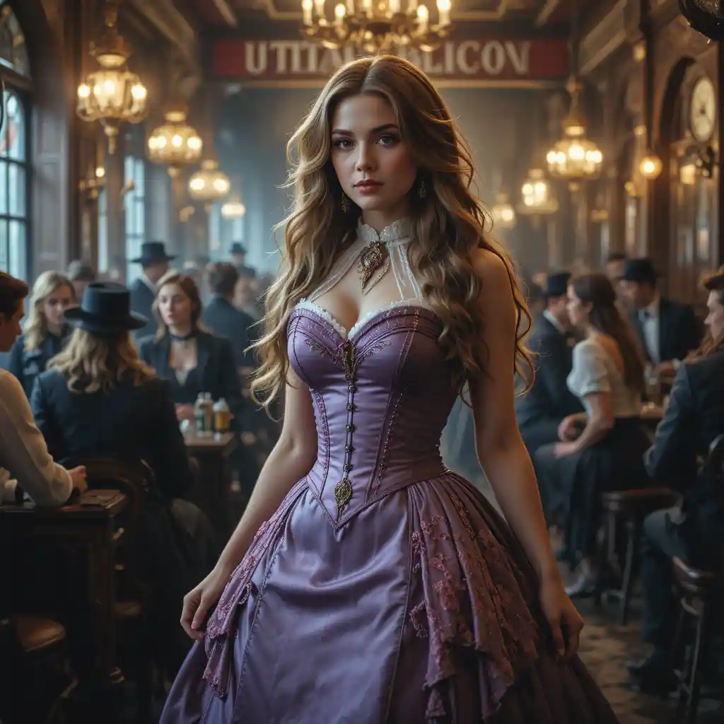 Donna vittoriana in abito di raso con corsetto in un saloon affollato