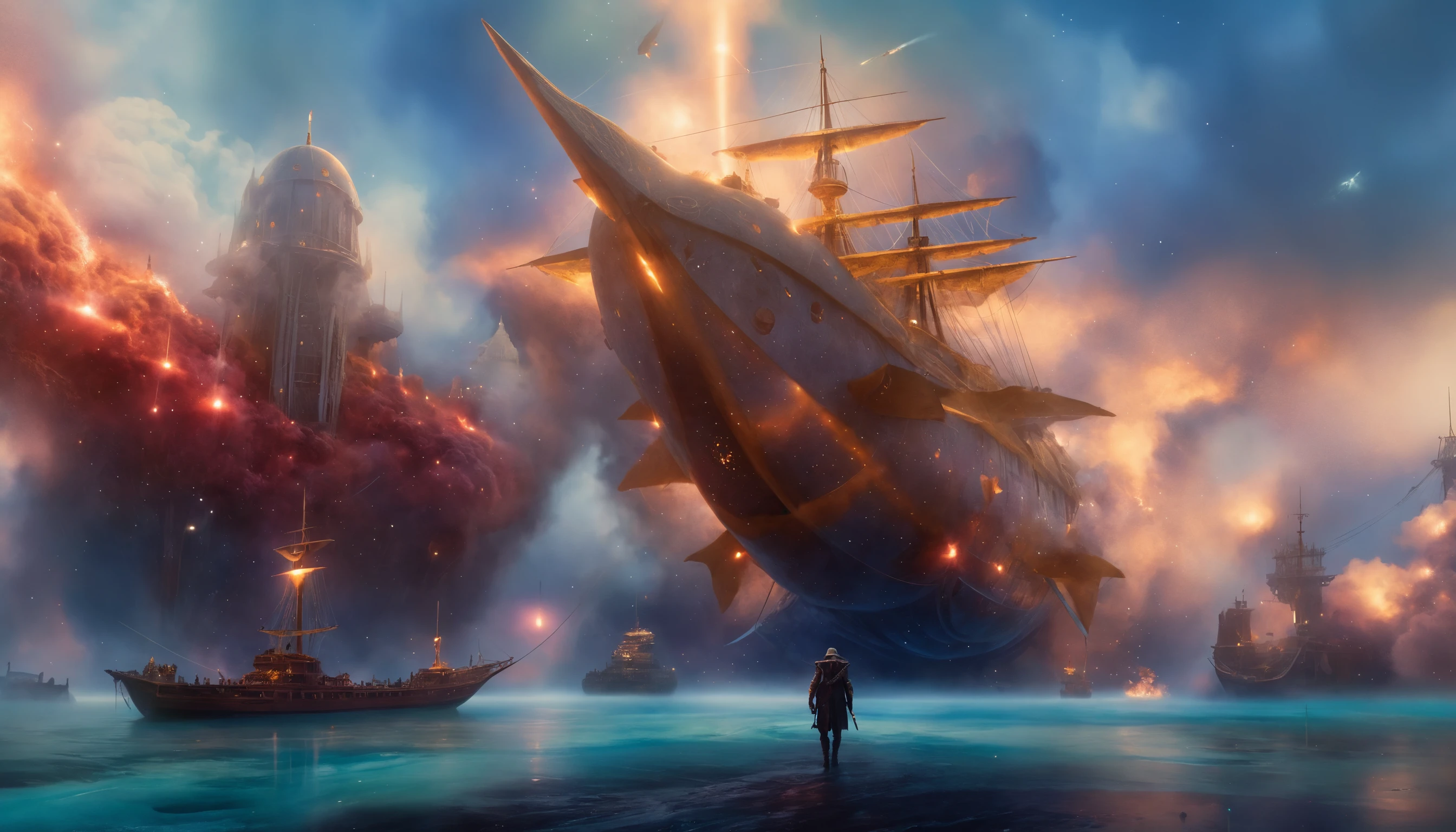 Druida warforged resistiendo en muelles de aeronaves en medio de una explosión