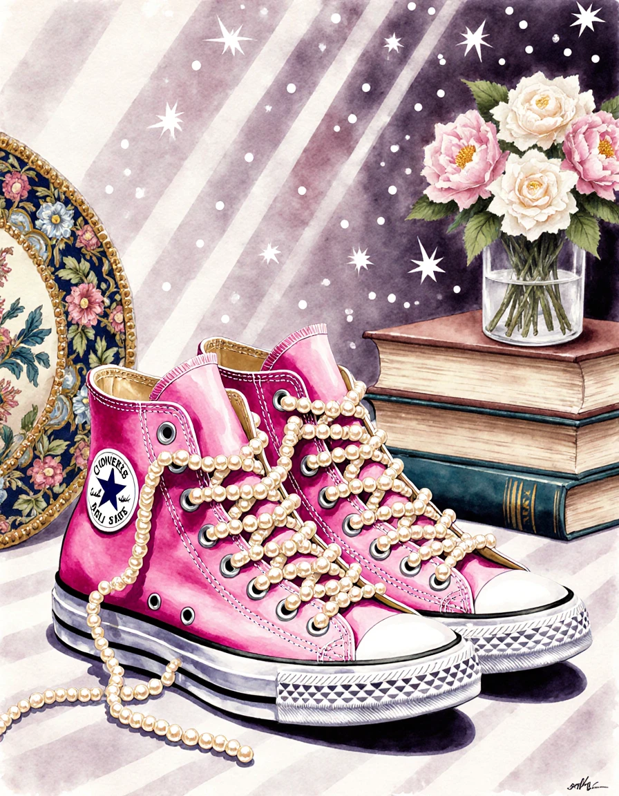 Baskets roses aux lacets de perles dans une nature morte glamour