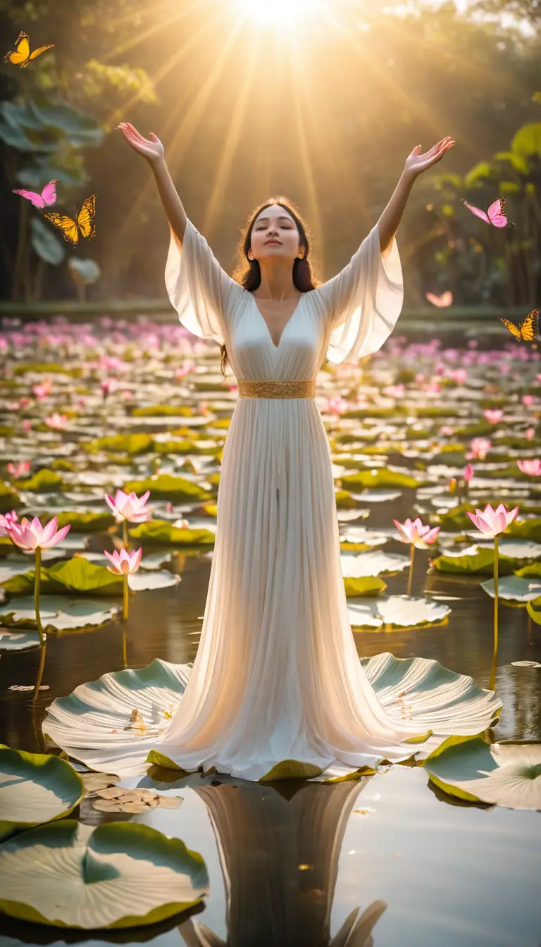 沐浴在金色神聖光芒中的白裙女子