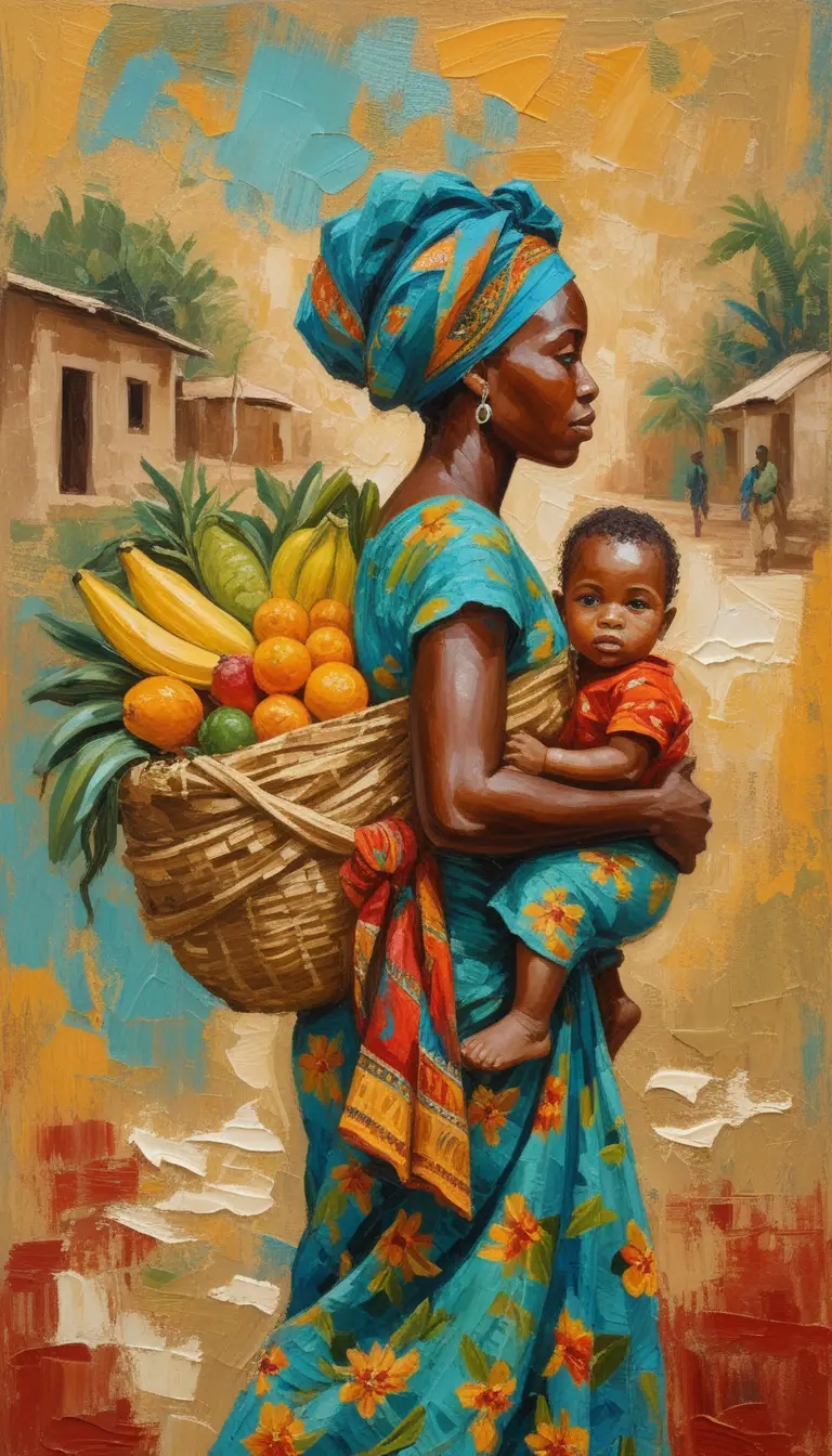 Mãe africana carregando feixe de frutas em pintura impasto