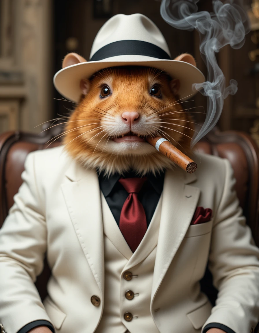 Charismatischer Hamster-Mafia-Boss im weißen Anzug mit Zigarre