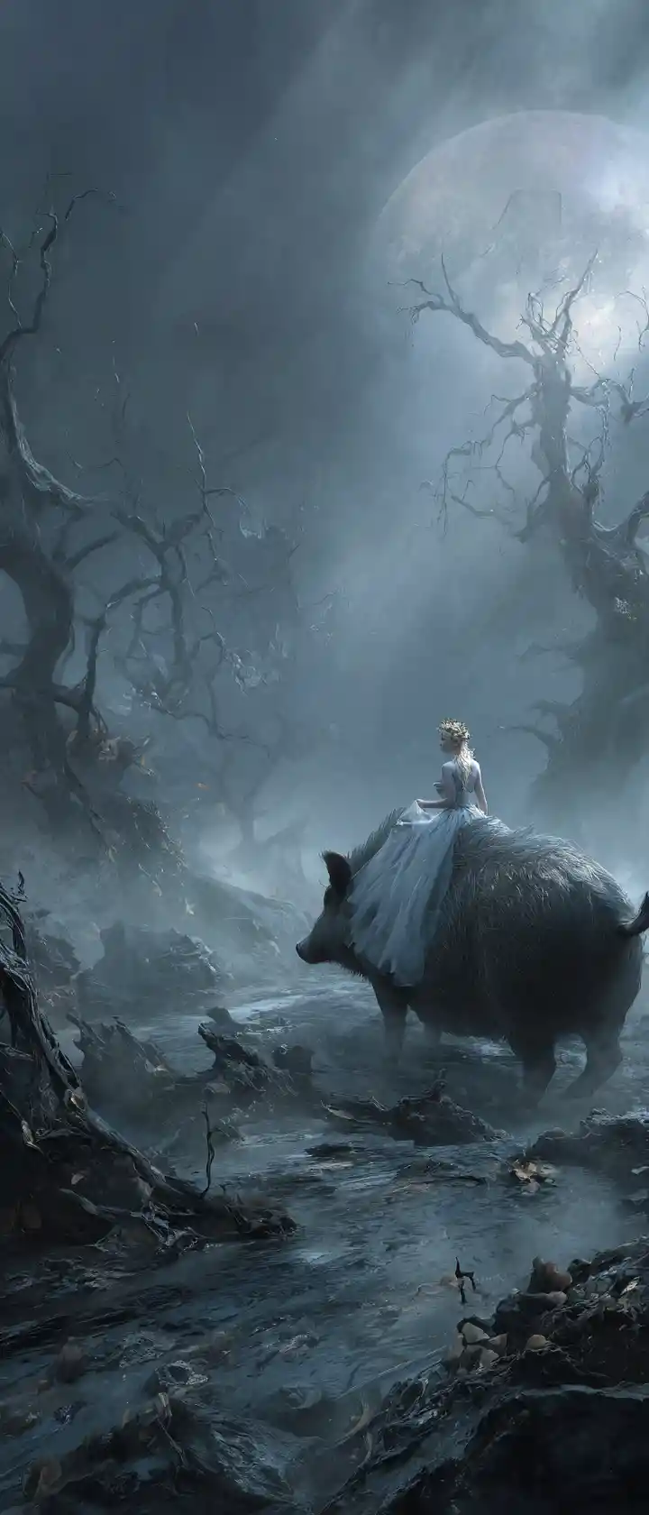 Woman In White Riding A Giant Boar Through Muddy Wasteland