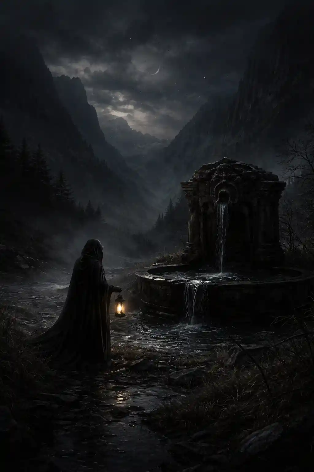 Lonely figure by a mountain fountain under night sky