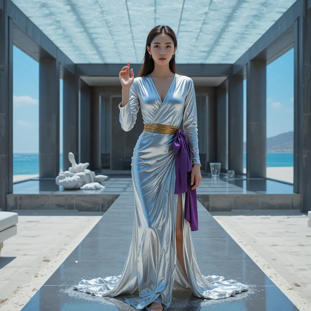 Koreanische Frau in Metallic-Wickelkleid an einem leuchtenden Ufer