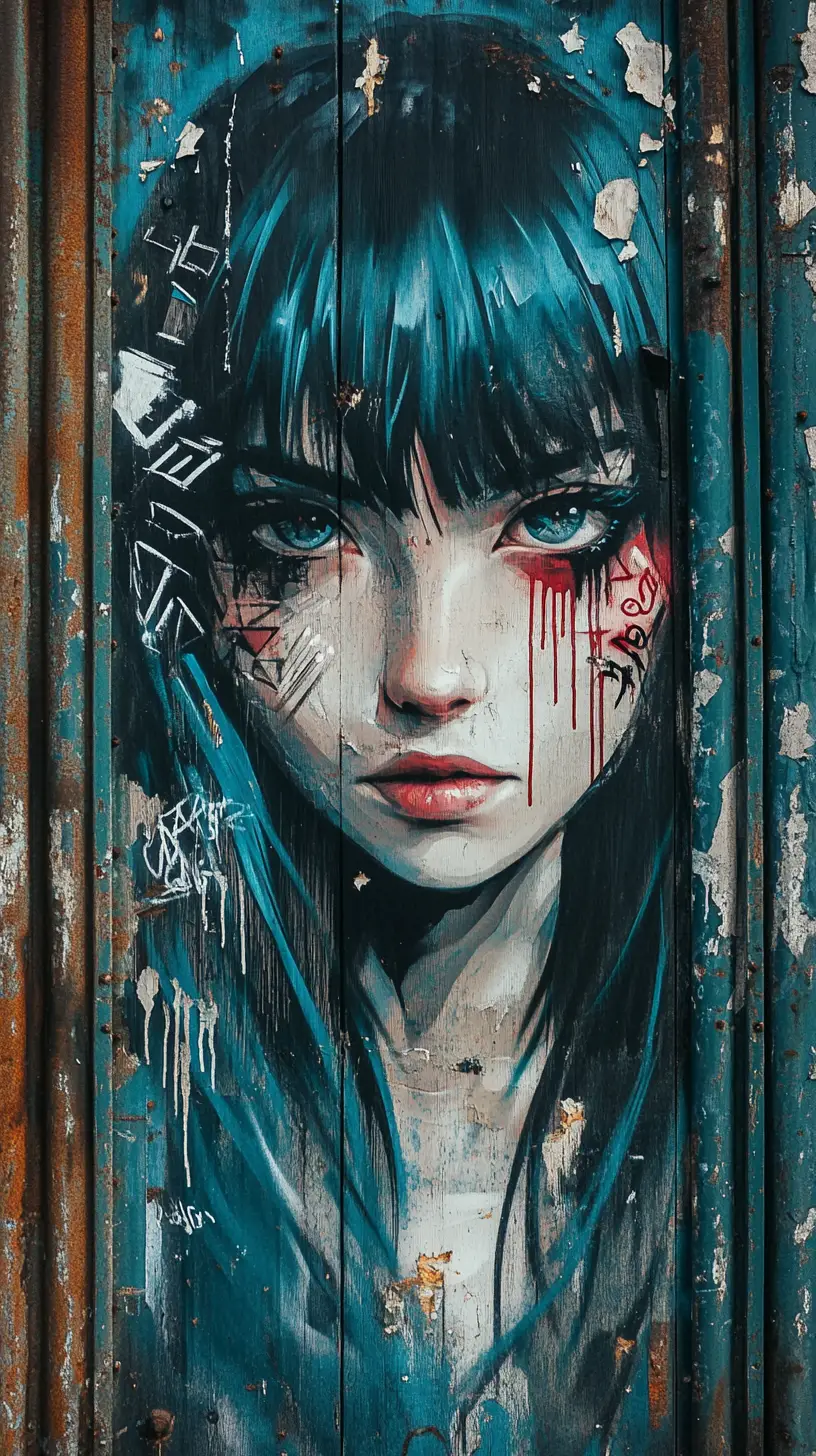 Retrato en grafiti de una chica de pelo verde azulado en puerta metálica