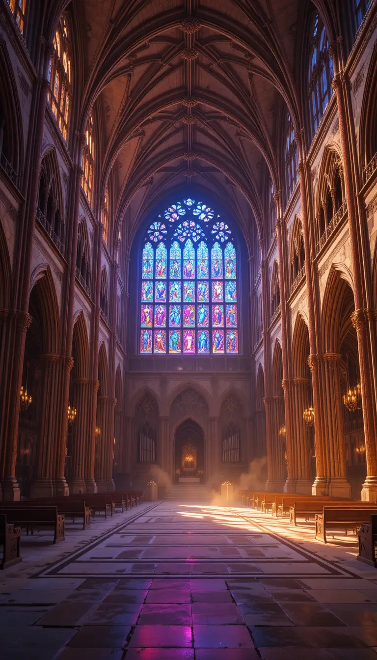 Vibrant stained glass light in an ancient cathedral nave