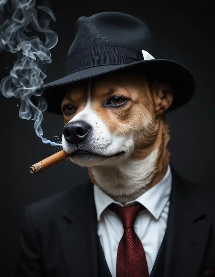 Dog mafia boss smoking cigar on a Sicilian street