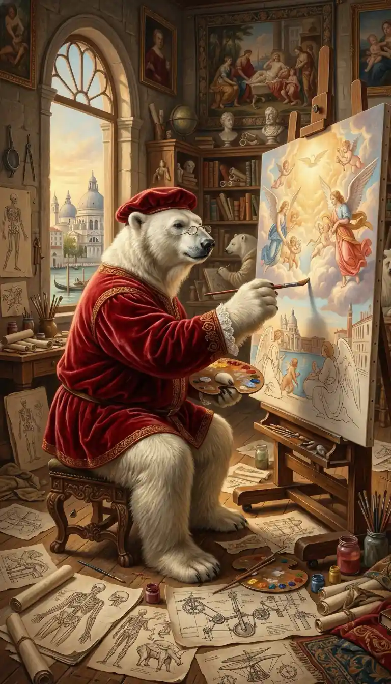 Renaissance polar bear painter in a glowing studio