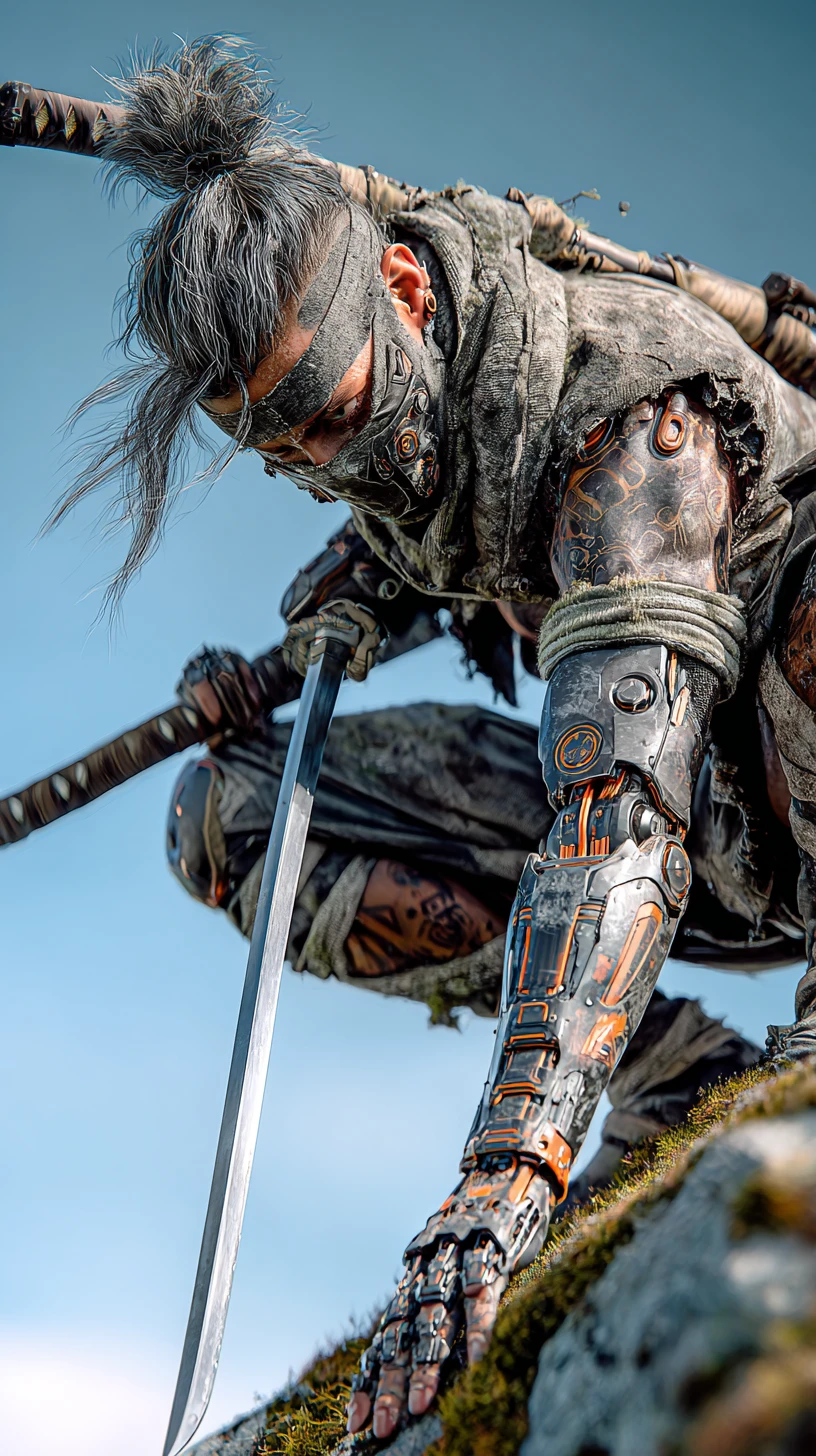 Samurai futuristico accovacciato su una sporgenza rocciosa muschiosa di notte