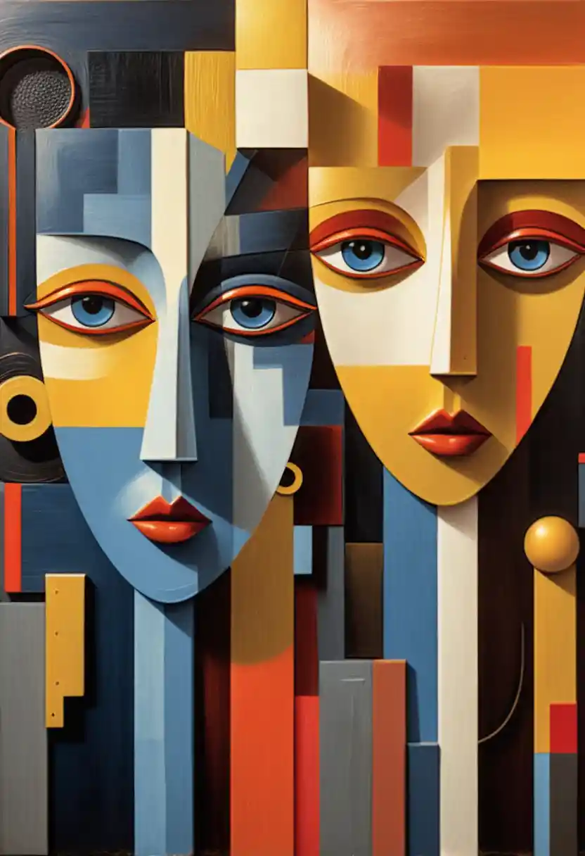 Geometric dual female portrait with bold abstract shapes