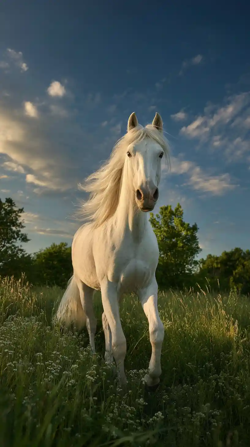 White horse in a sunlit meadow at golden hour