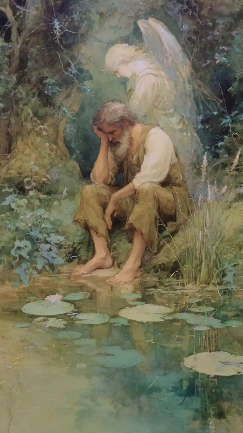 Elderly man by pond in gentle watercolor scene