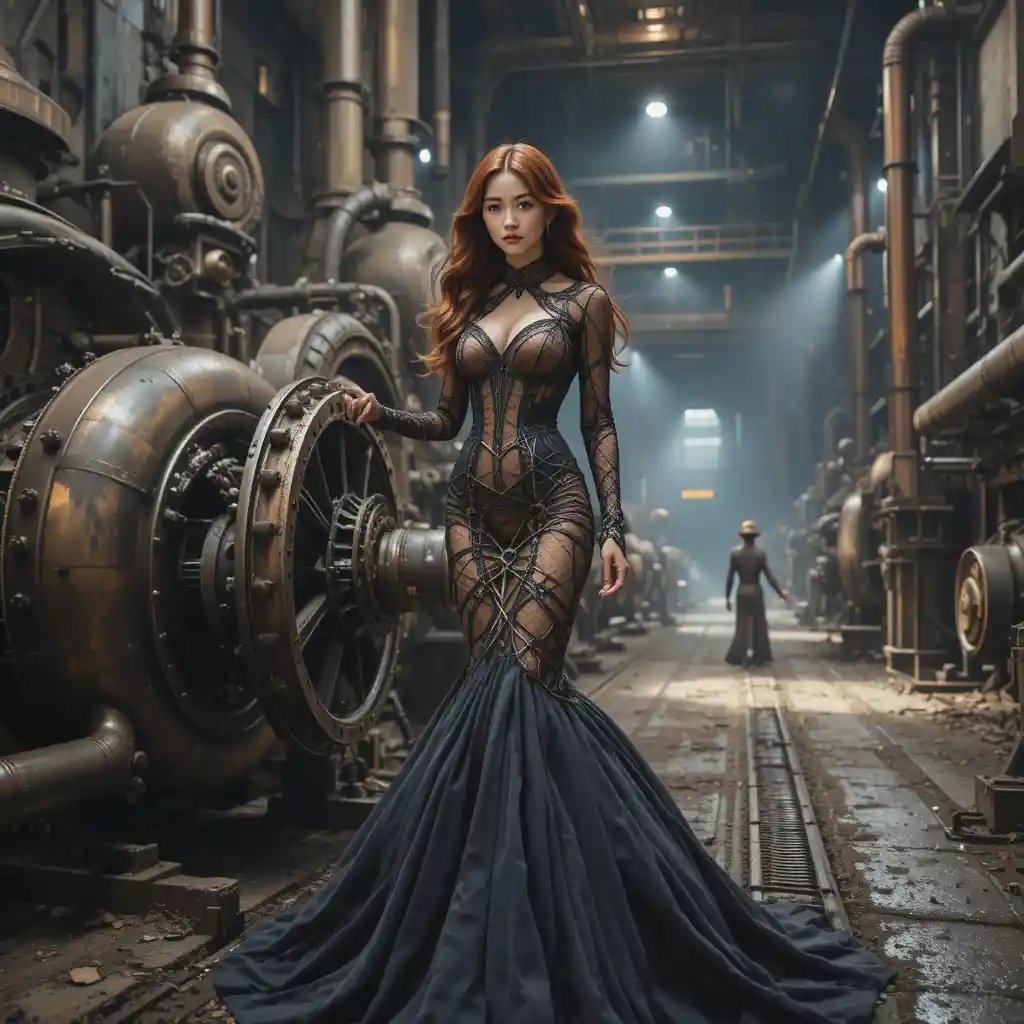 Koreanerin im kupfernen Kleid in dramatischem Maschinenraum