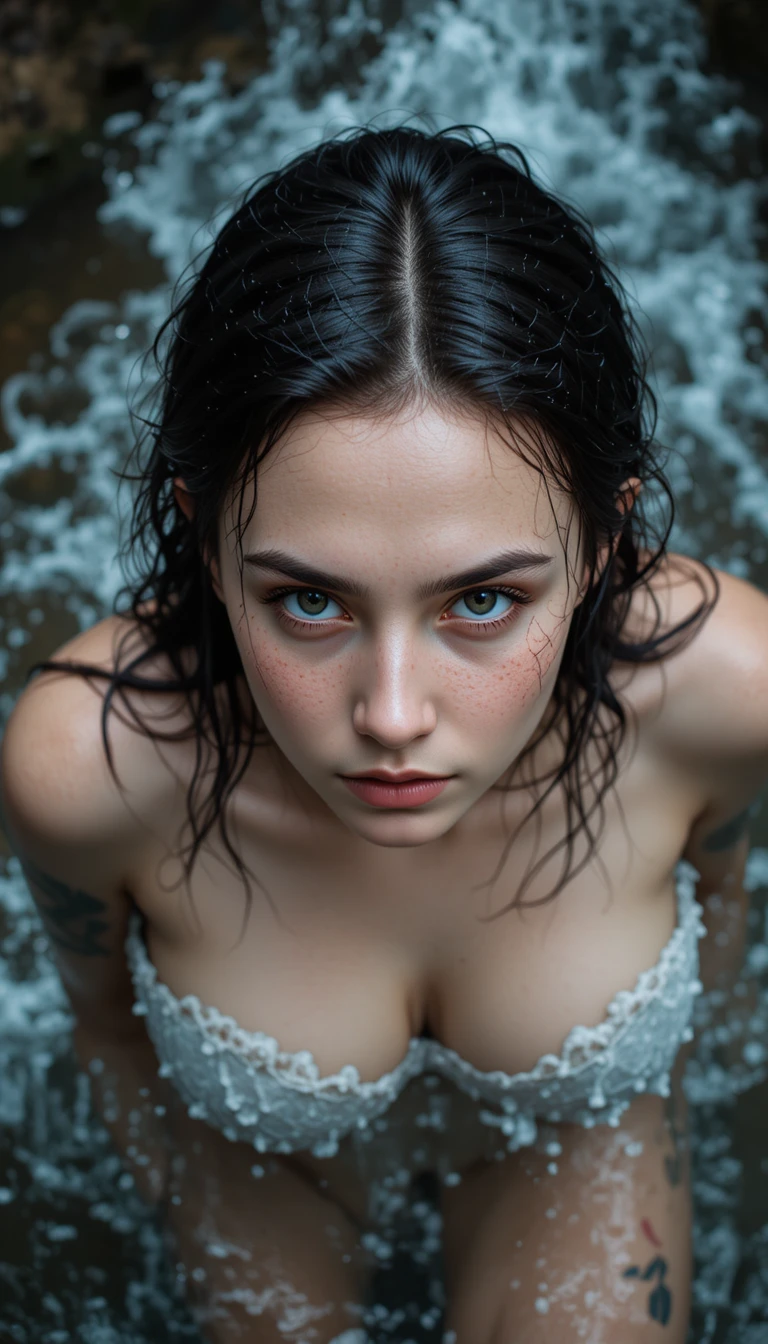 Ritratto macro dall’alto di una donna sotto una cascata