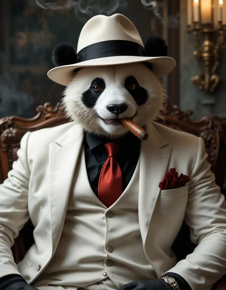Chefe da máfia panda confiante de terno branco com charuto