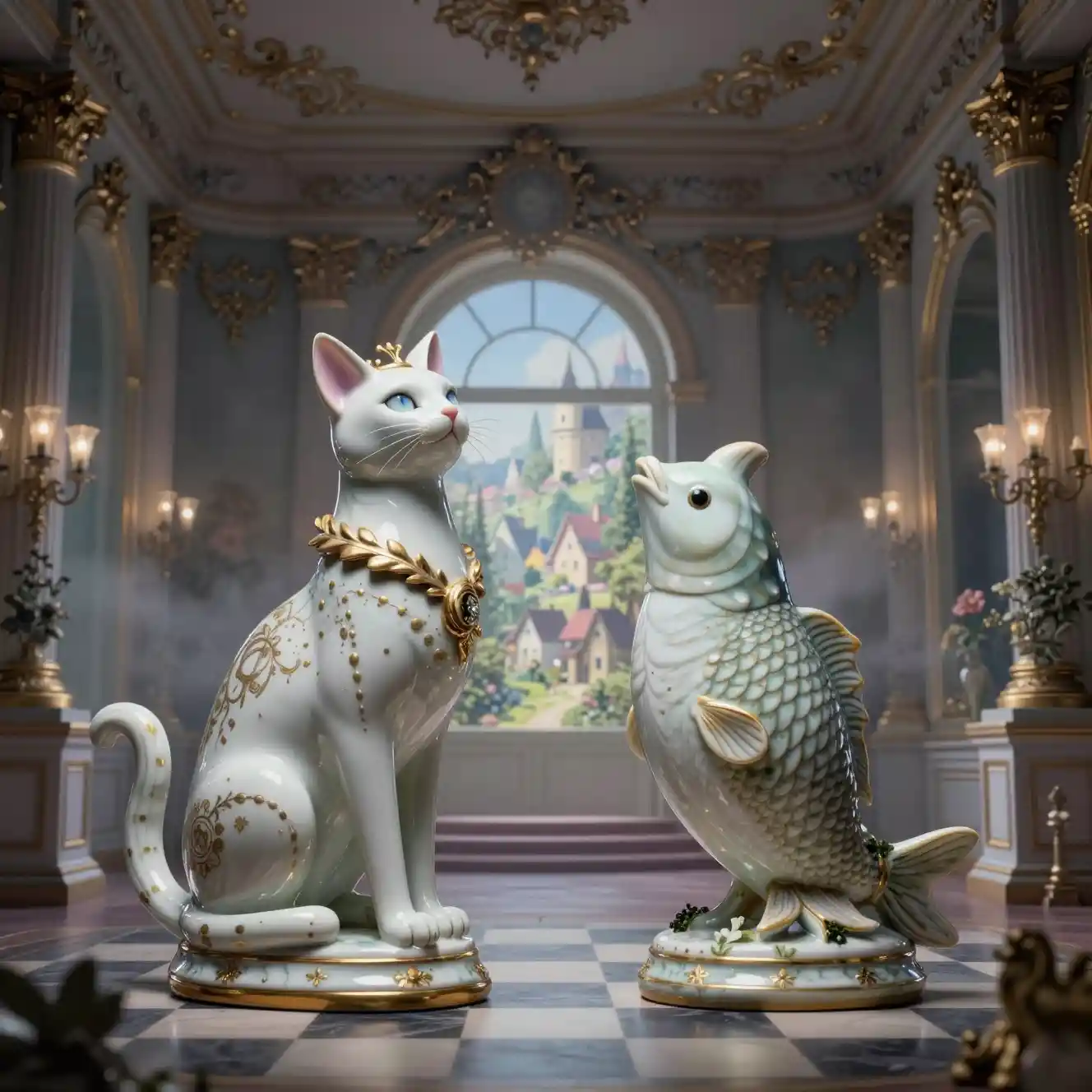 Porcelain chess inspired cat and fish in baroque interior