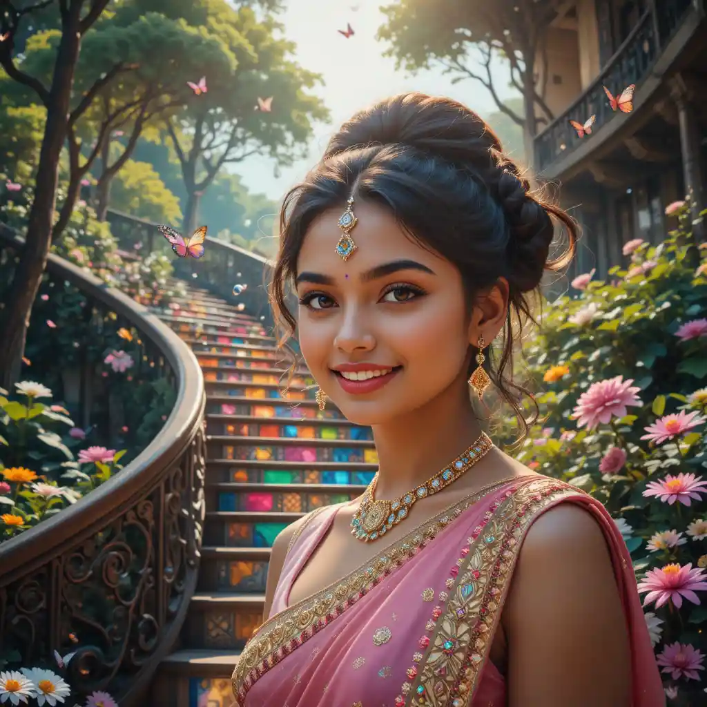Joyful Indian girl portrait on ornate spiral staircase
