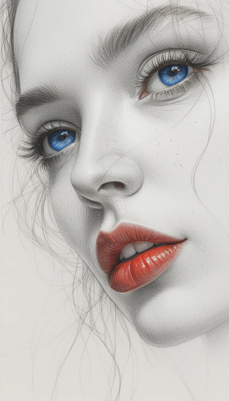 Selektives Farbstift-Porträt einer Frau mit blauen Augen