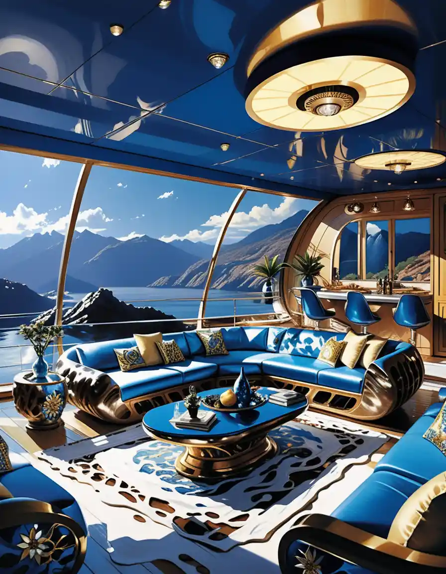 Luxury houseboat interior glows against a dark mountain landscape