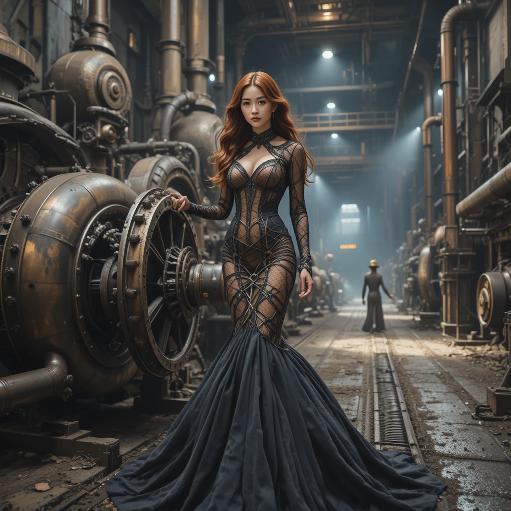 Koreanerin im kupfernen Kleid in dramatischem Maschinenraum