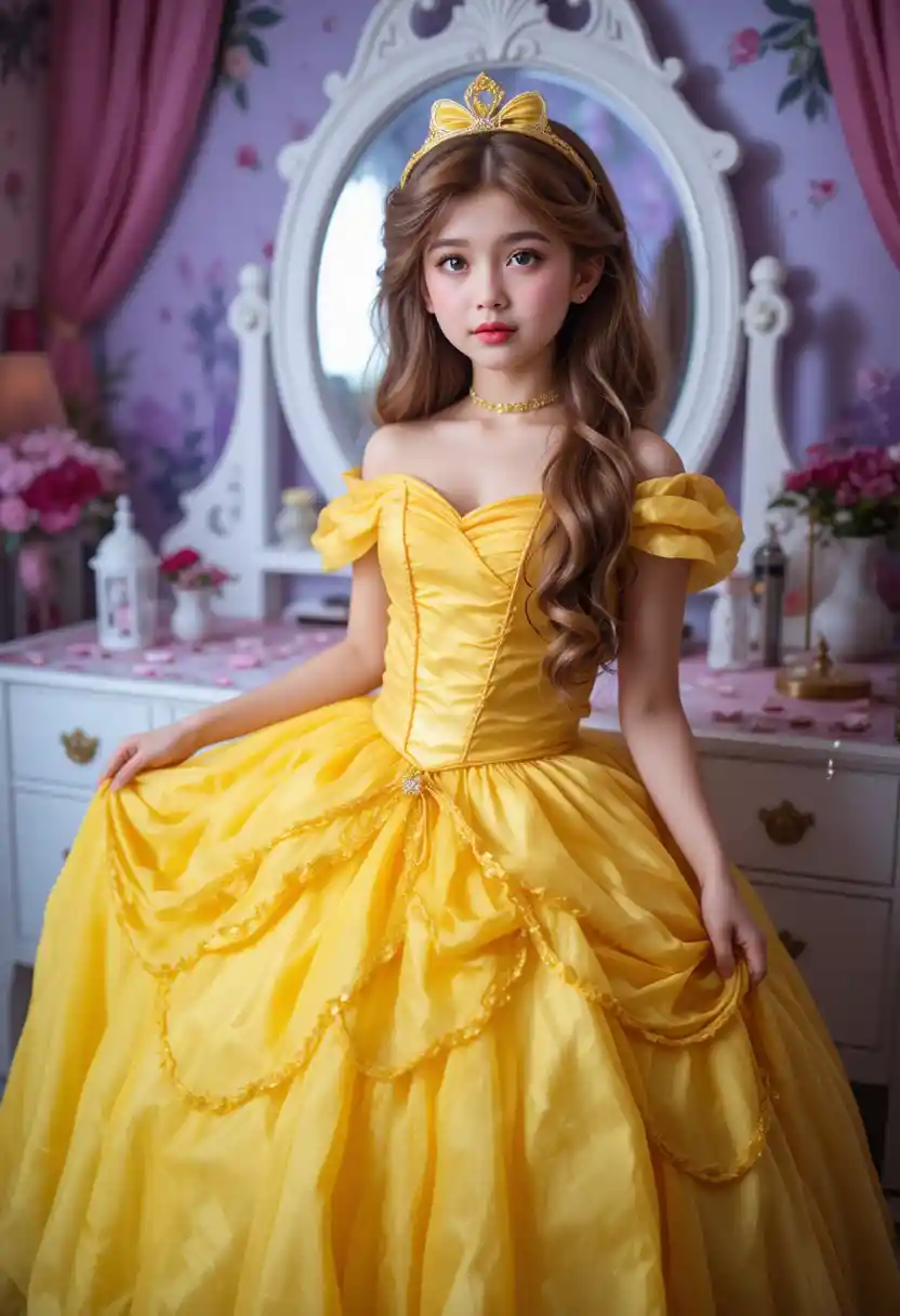 Tween boy in Belle costume posing at Disneyland vanity