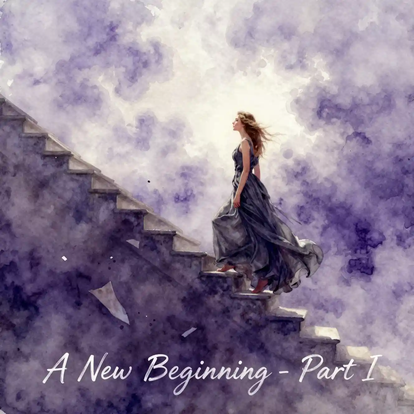Young woman in charcoal gown on watercolor dream staircase