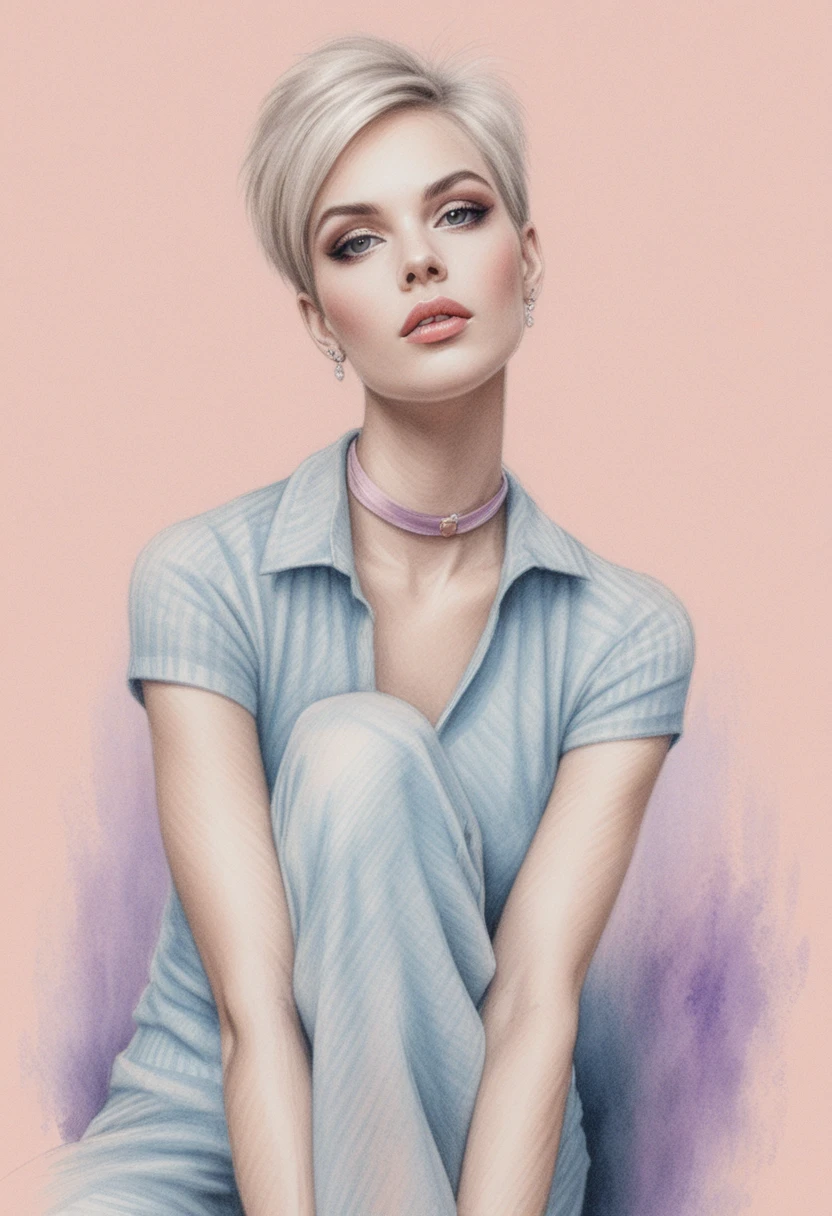 Color pencil portrait of glamorous woman in pink polo