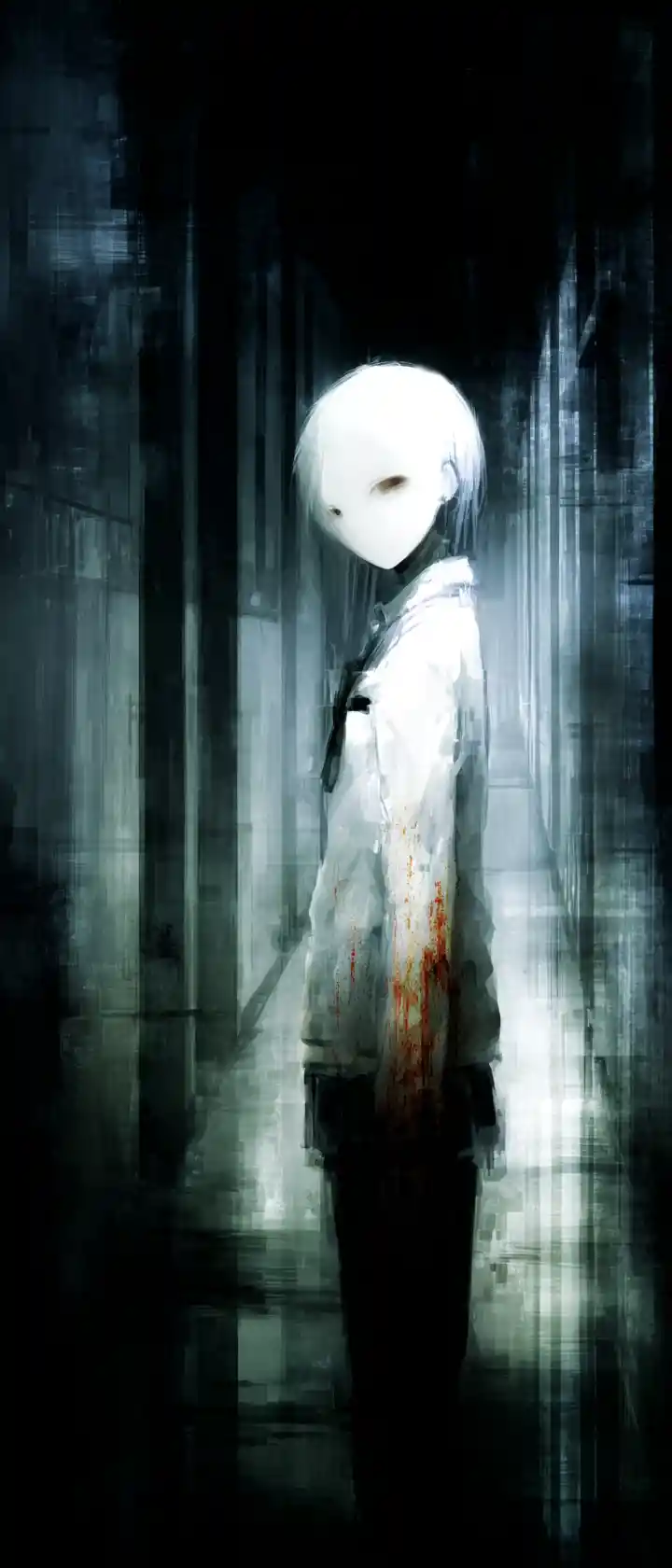 Faceless anime figure in school uniform at end of hallway