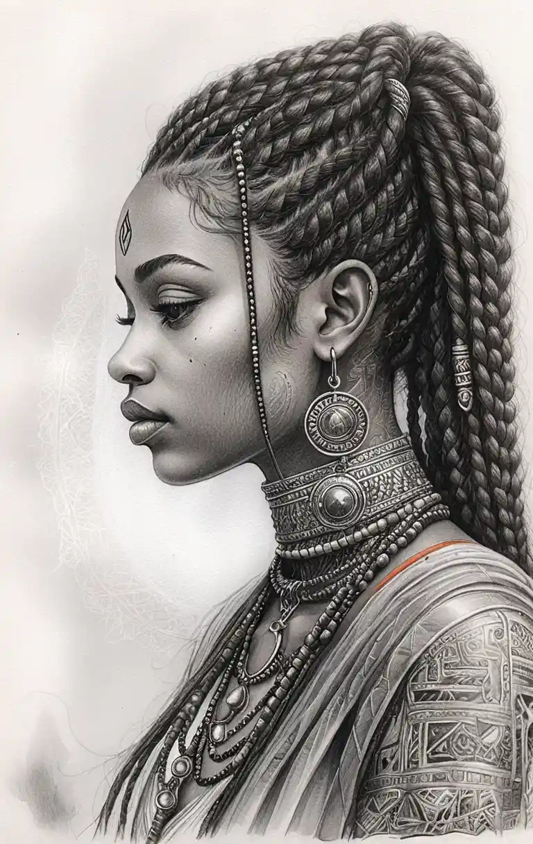 佩戴飾品的女戰士側臉鉛筆素描肖像