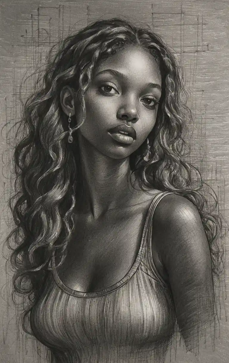 Graphite portrait of a young Black woman with curly hair