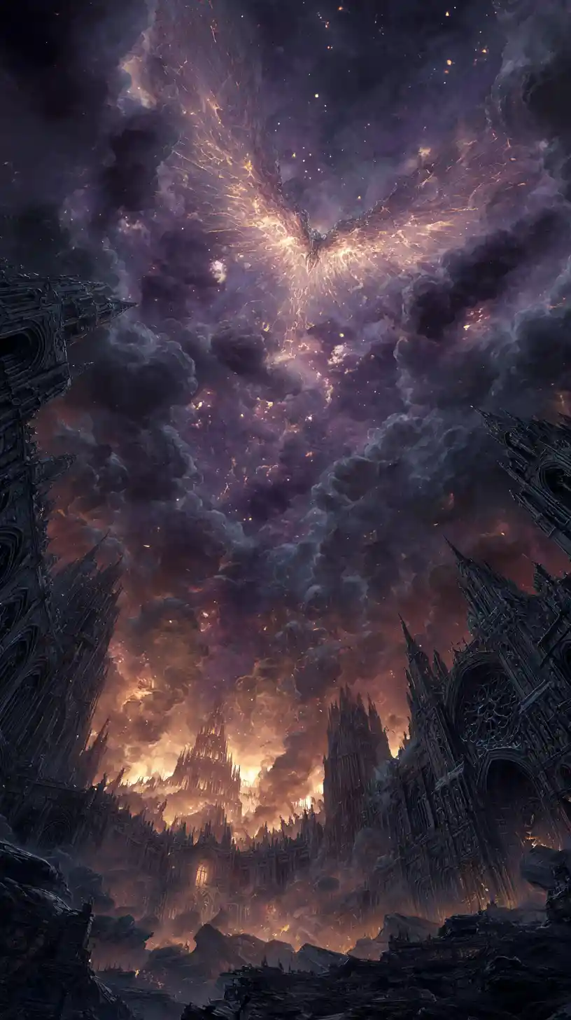 Ancient magma phoenix rising over ruined gothic cathedral
