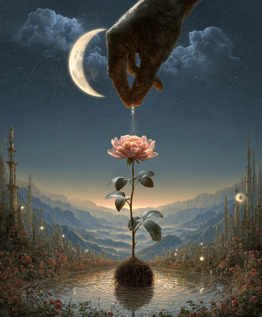 Giant celestial hand gently planting a single flower