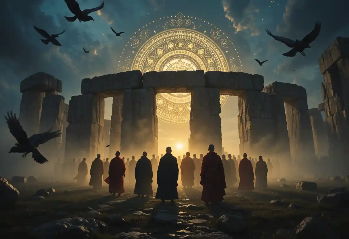 Monks Gather At Stonehenge Under A Mystical Night Sky
