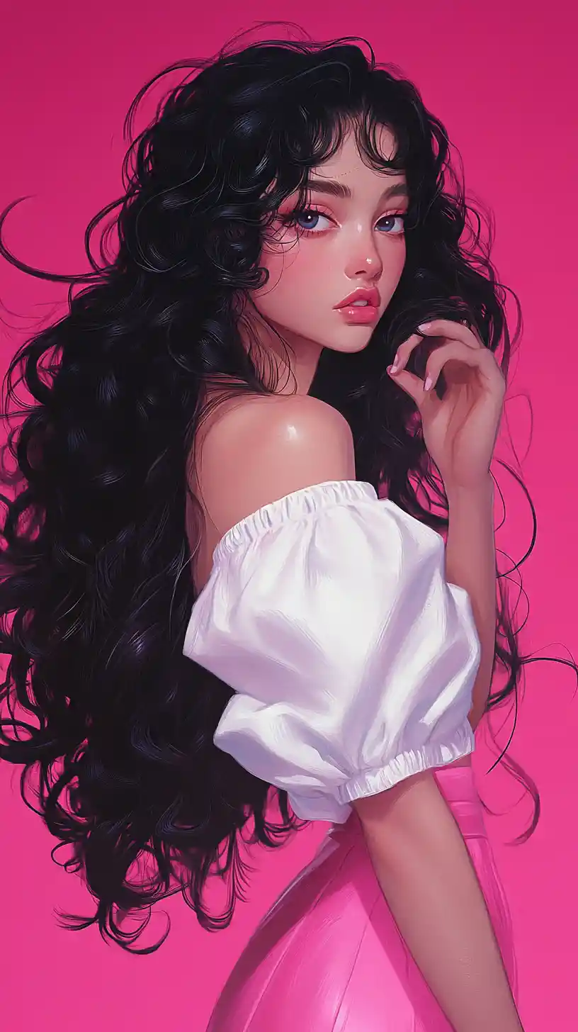 Anime girl with long curly black hair on pink background