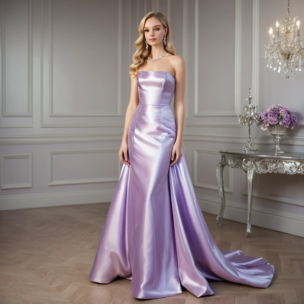 Blonde woman in lilac satin gown in elegant interior