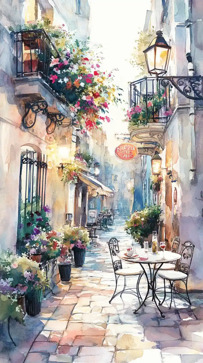 Romantic Parisian street cafe in soft watercolor light