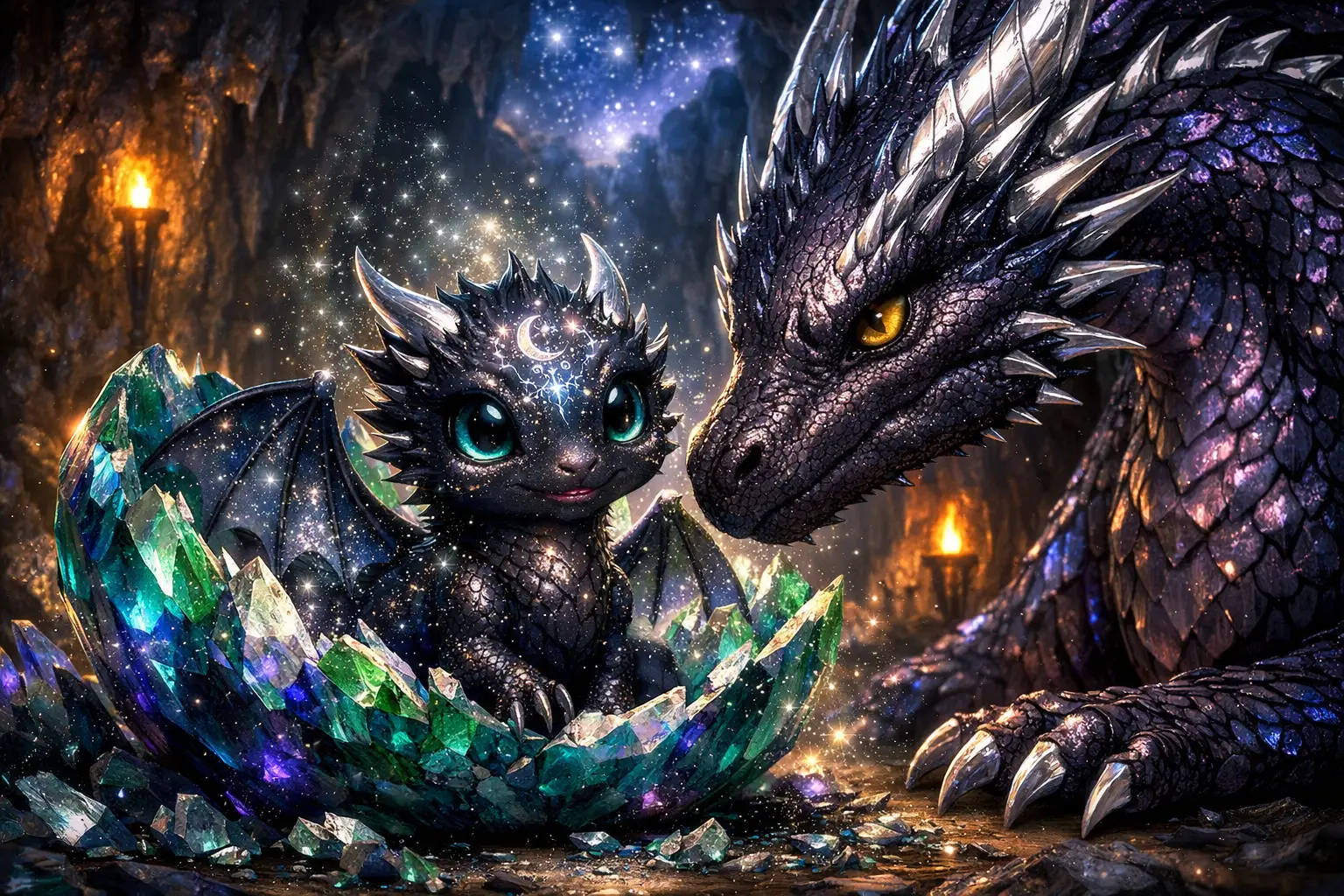 Newborn crystal dragon hatching in a glowing cavern