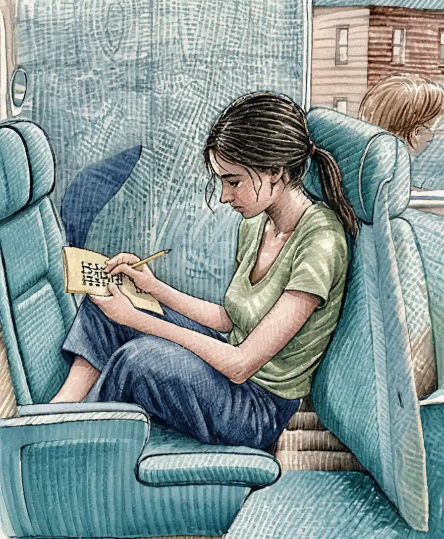 Giovane donna che risolve un sudoku su un tranquillo treno notturno