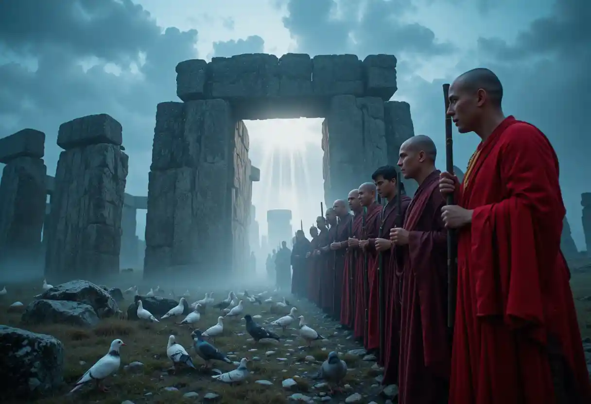 Monaci Riuniti Davanti a Stonehenge in un Radioso Portale di Luce