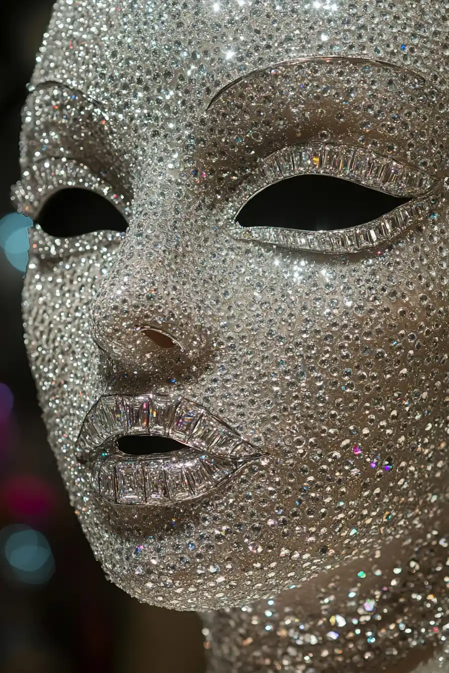 Donna glamour con maschera in nylon tempestata di diamanti