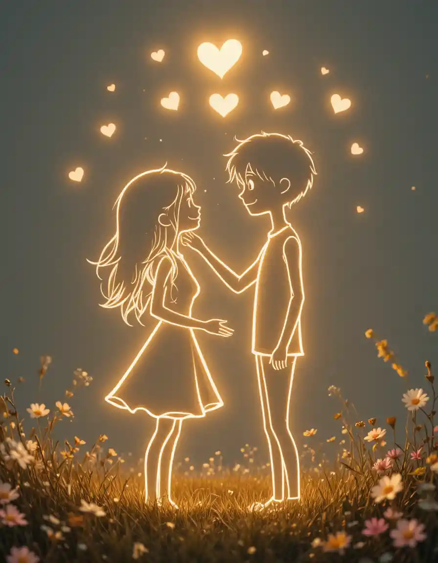 Romantic couple in glowing line art on soft grassland