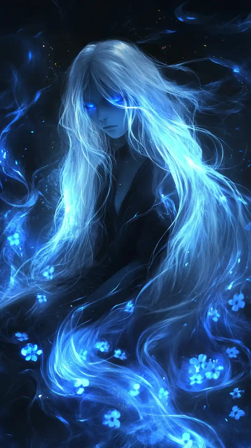 Donna spettrale eterea che brilla in un vuoto blu scuro