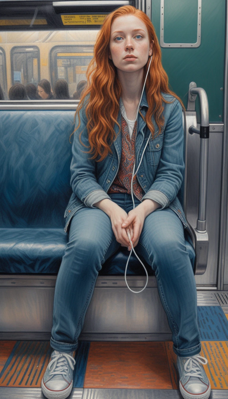 Giovane donna dai capelli color rame che viaggia da sola in metropolitana