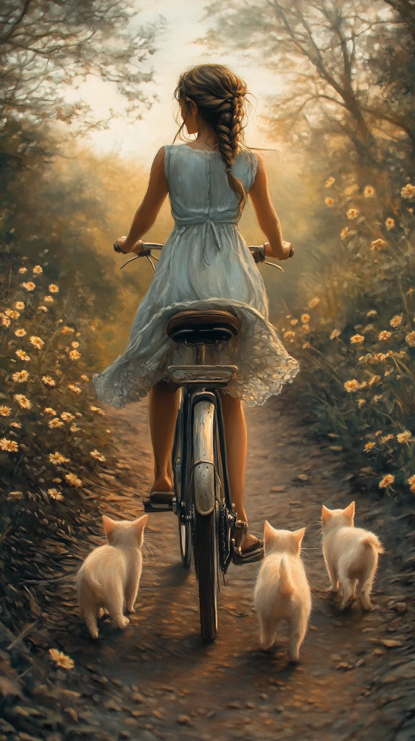 夕暮れの田舎道を裸足で自転車に乗る少女